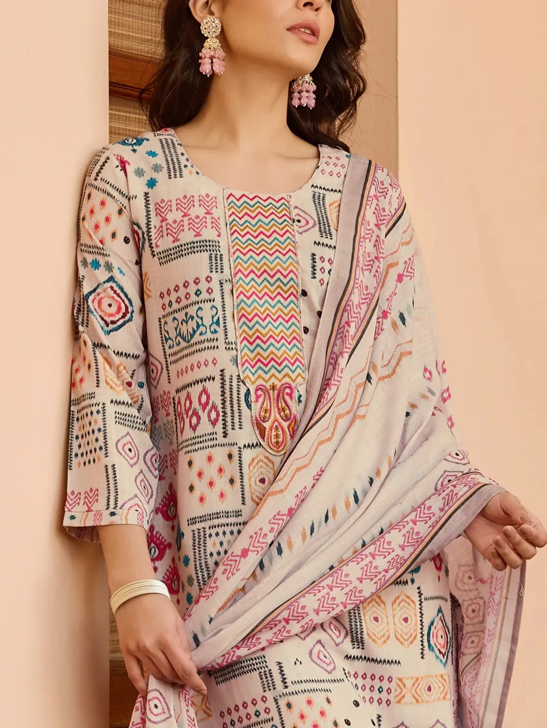 Cream Printed Cotton Kurta Pant Dupatta Set for Women