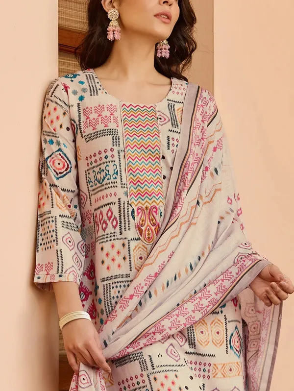 Cream Printed Cotton Kurta Pant Dupatta Set for Women