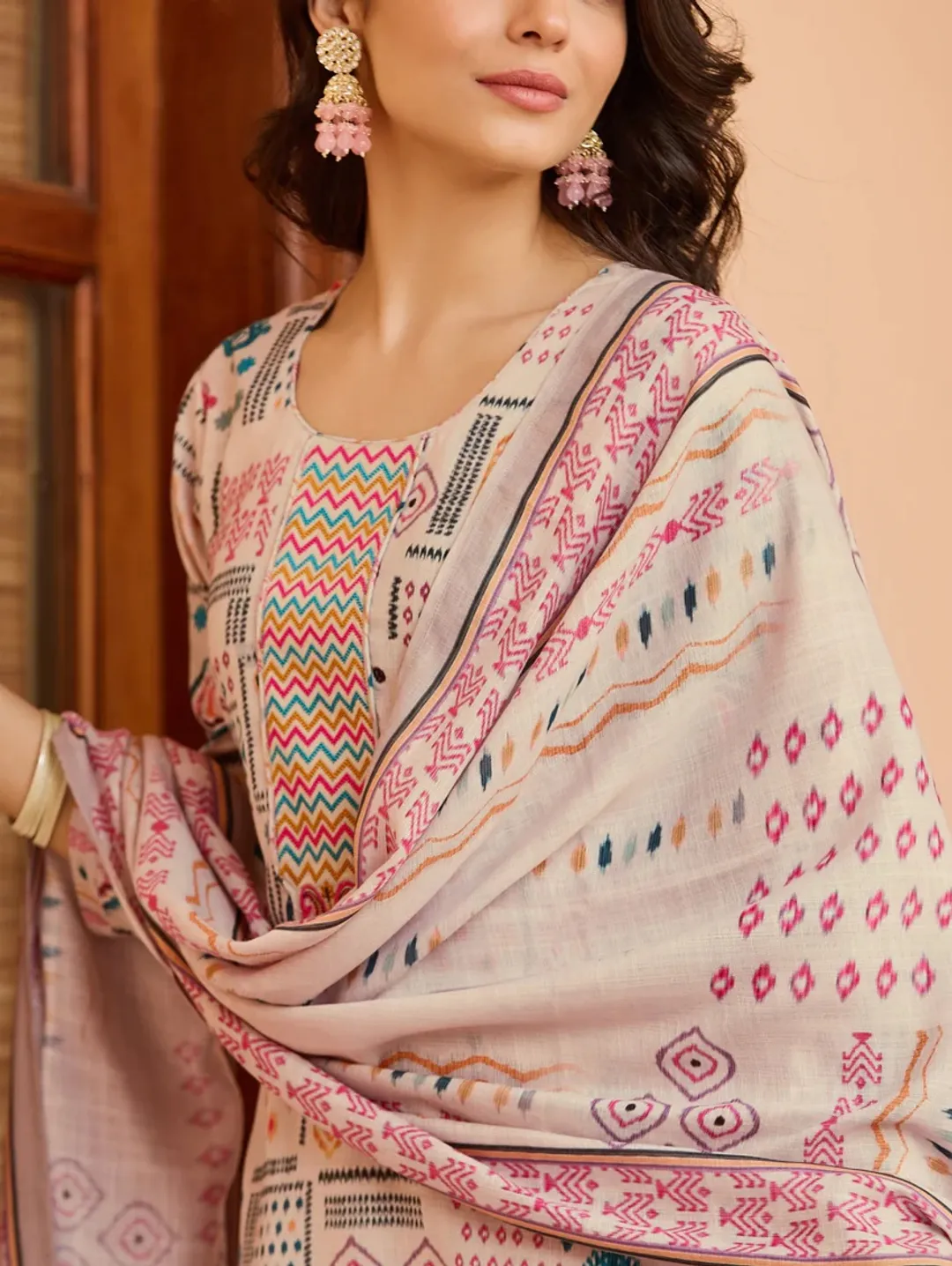Cream Printed Cotton Kurta Pant Dupatta Set for Women
