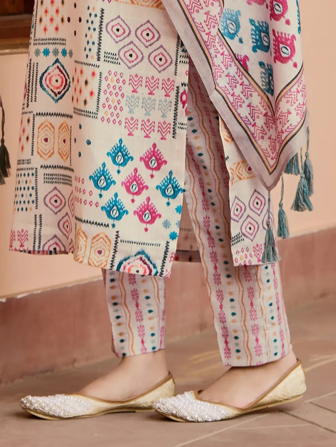 Cream Printed Cotton Kurta Pant Dupatta Set for Women