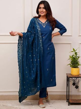 Cerulean Blue Embroidered Tesla Fabric Kurta Pant Dupatta Set for Women