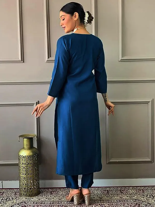 Cerulean Blue Embroidered Tesla Fabric Kurta Pant Dupatta Set for Women