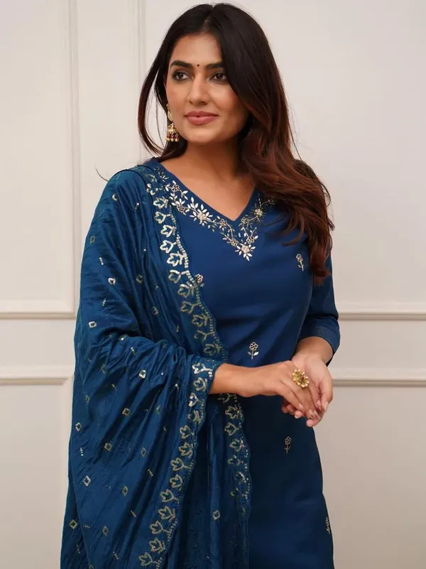 Cerulean Blue Embroidered Tesla Fabric Kurta Pant Dupatta Set for Women