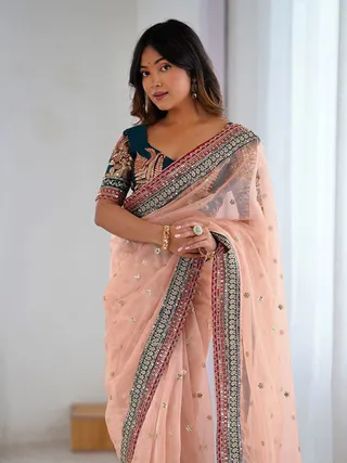 Peach Embroidered Net Party Wear Saree with Blouse