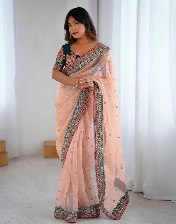 Peach Embroidered Net Party Wear Saree with Blouse