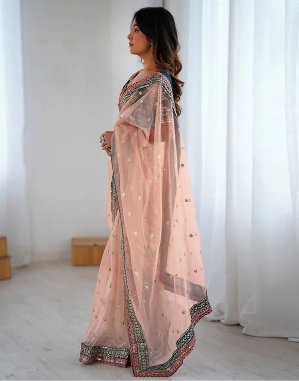 Peach Embroidered Net Party Wear Saree with Blouse