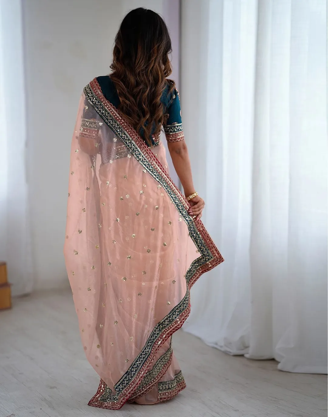 Peach Embroidered Net Party Wear Saree with Blouse