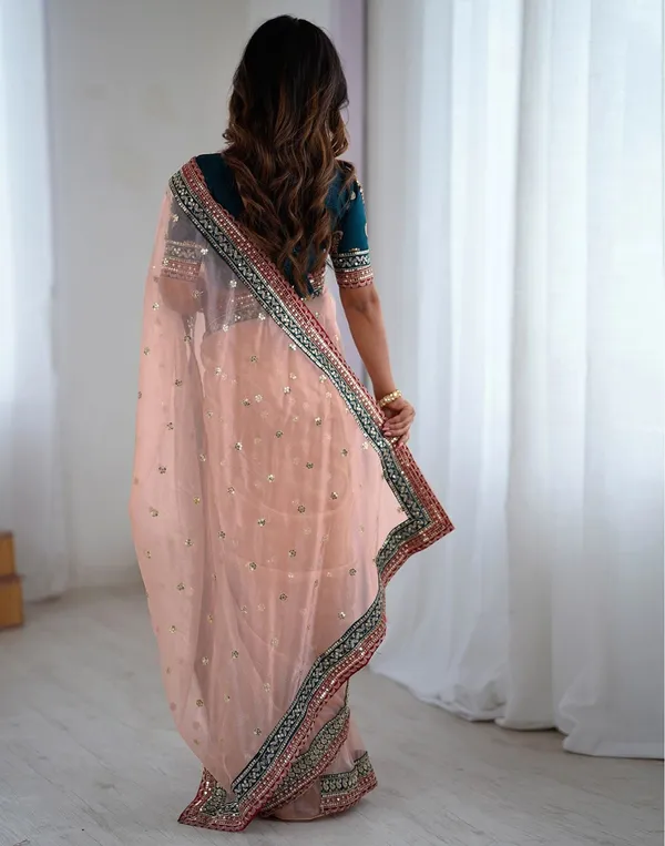 Peach Embroidered Net Party Wear Saree with Blouse