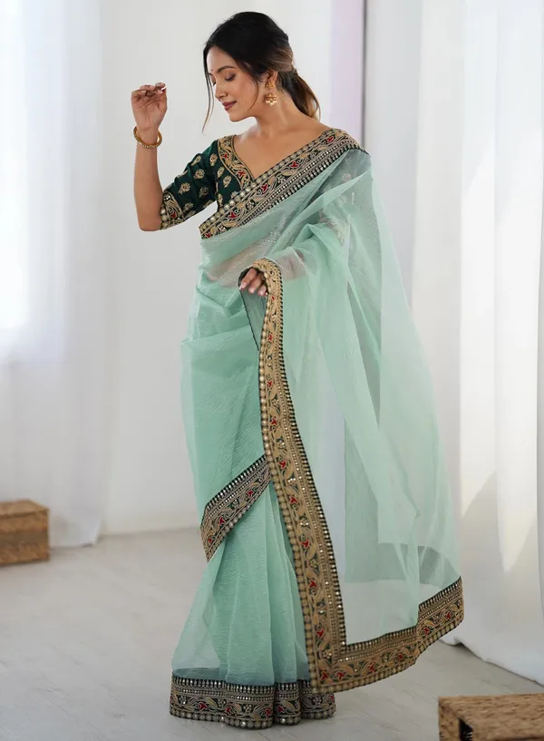 Sky Blue Party Wear Saree with Embroidered Blouse