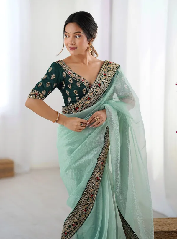 Sky Blue Party Wear Saree with Embroidered Blouse