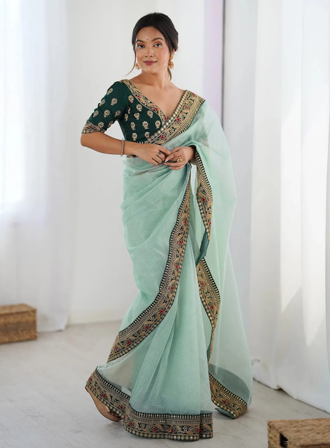 Sky Blue Party Wear Saree with Embroidered Blouse