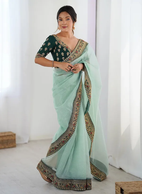 Sky Blue Party Wear Saree with Embroidered Blouse