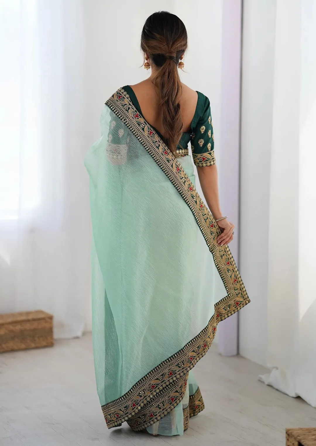 Sky Blue Party Wear Saree with Embroidered Blouse