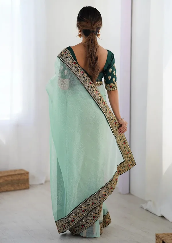 Sky Blue Party Wear Saree with Embroidered Blouse
