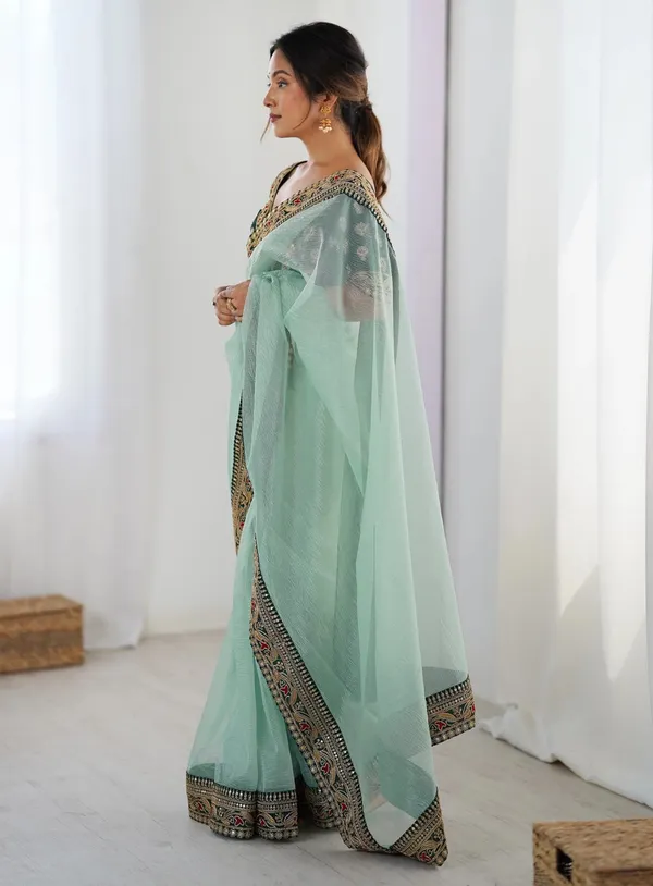 Sky Blue Party Wear Saree with Embroidered Blouse
