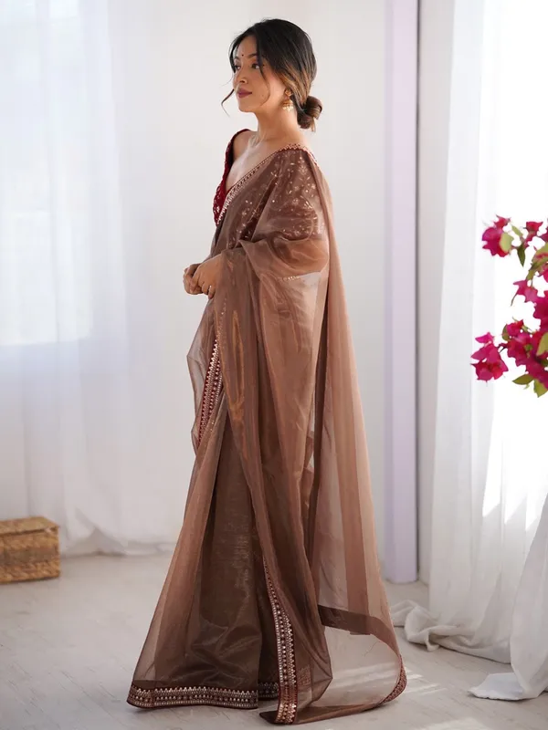 Elegant Brown Net Saree with Embroidered Blouse