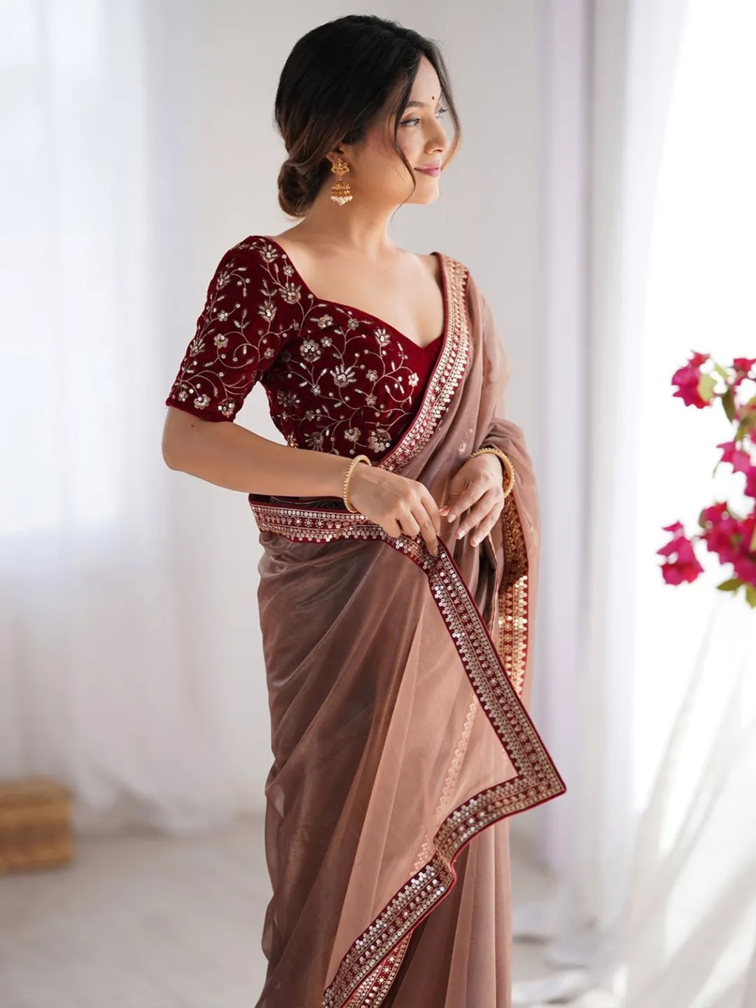 Elegant Brown Net Saree with Embroidered Blouse