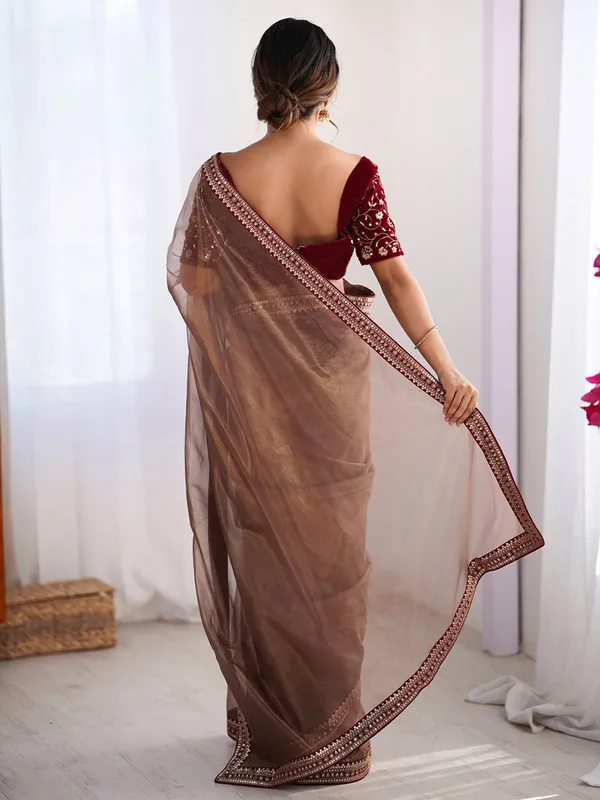 Elegant Brown Net Saree with Embroidered Blouse