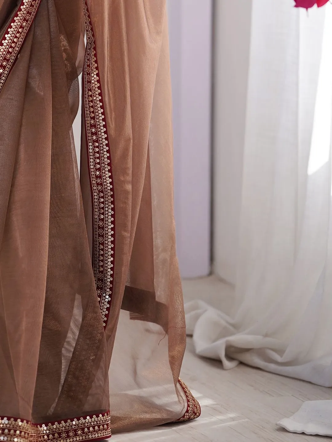 Elegant Brown Net Saree with Embroidered Blouse