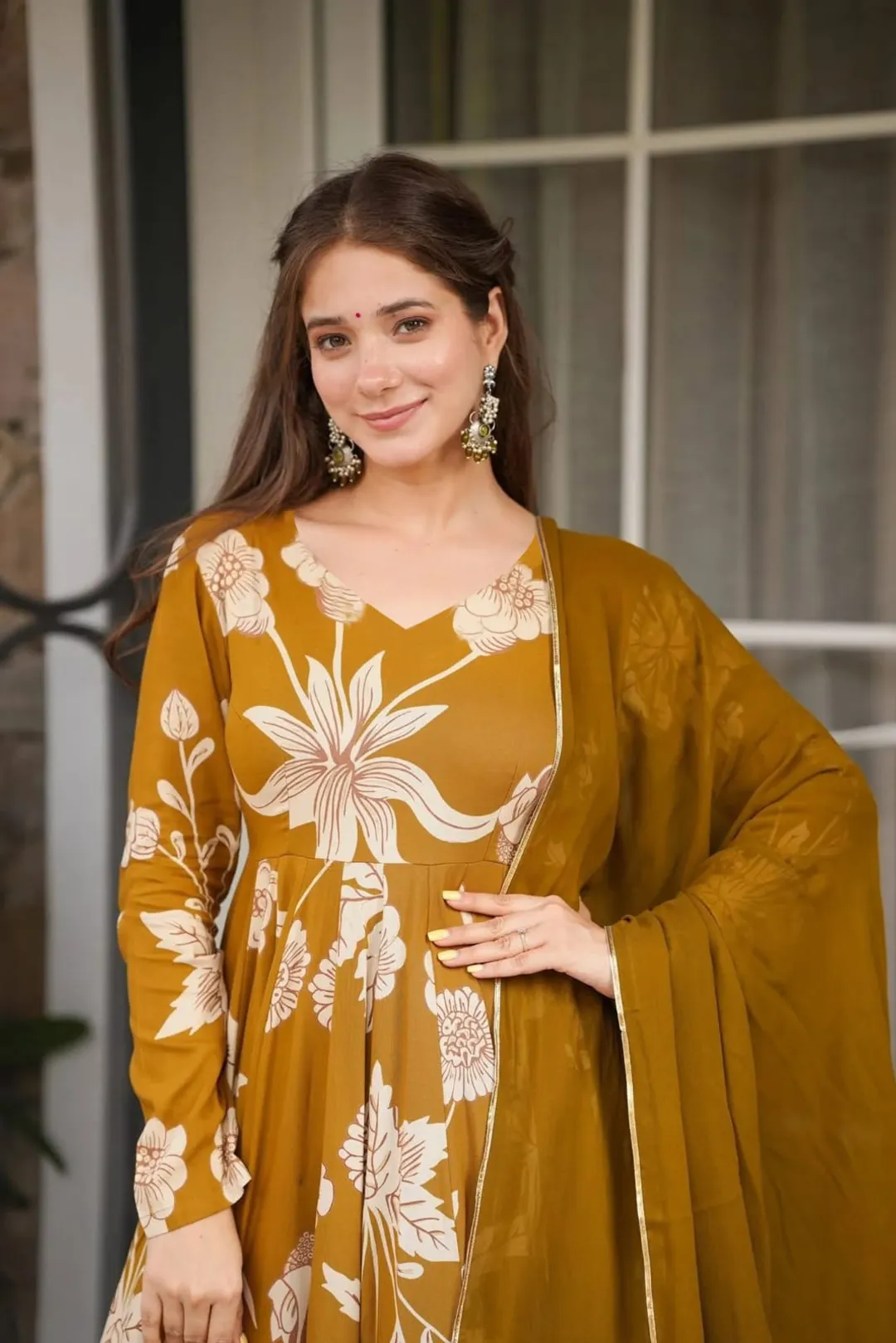 Women's Mustard Printed Anarkali Suit with Dupatta