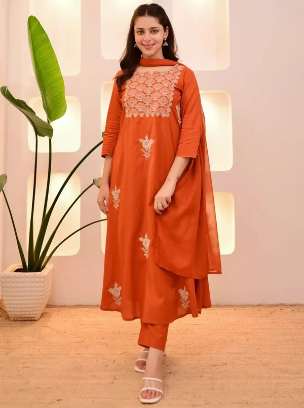 Orange Straight Kurta with Embroidered Dupatta