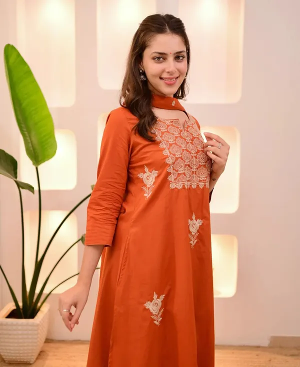 Orange Straight Kurta with Embroidered Dupatta