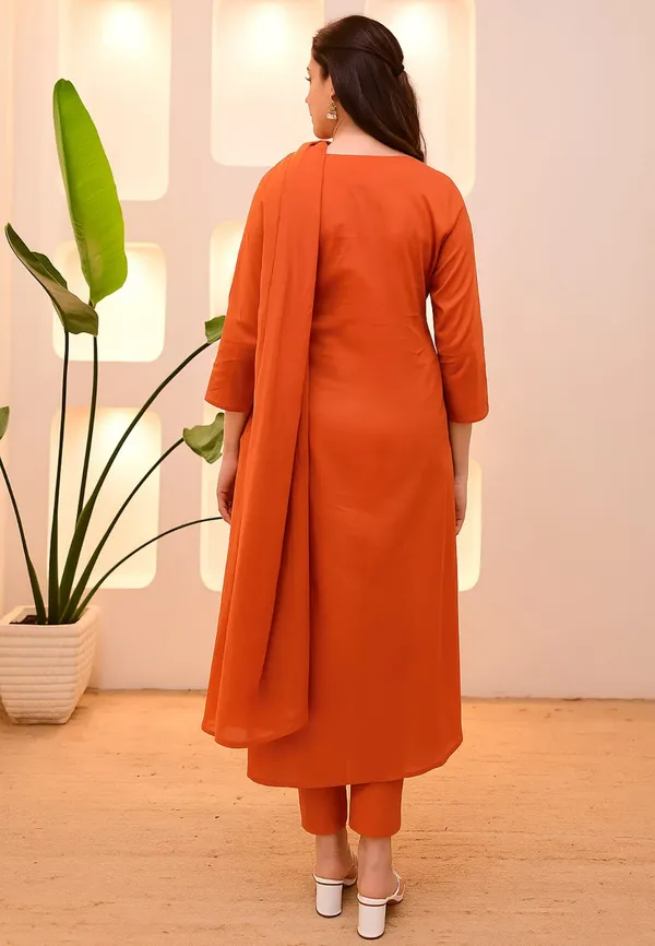 Orange Straight Kurta with Embroidered Dupatta