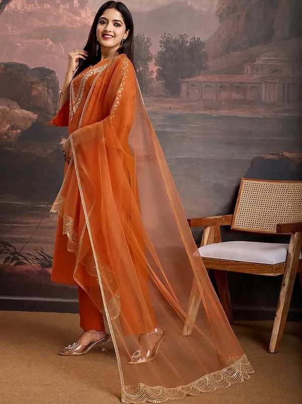 Orange Thread Embroidered Ethnic Suit Set
