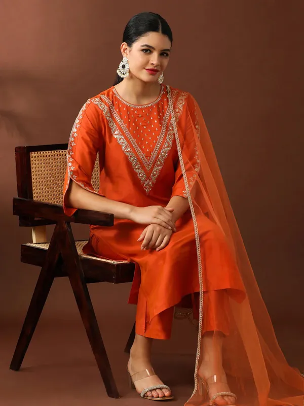 Orange Thread Embroidered Ethnic Suit Set