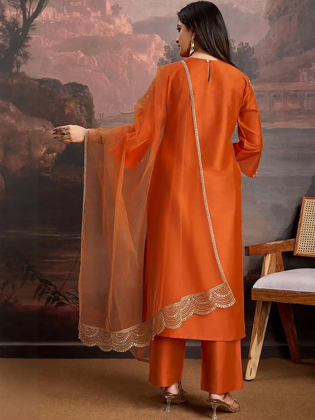 Orange Thread Embroidered Ethnic Suit Set