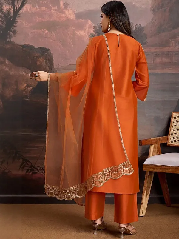Orange Thread Embroidered Ethnic Suit Set