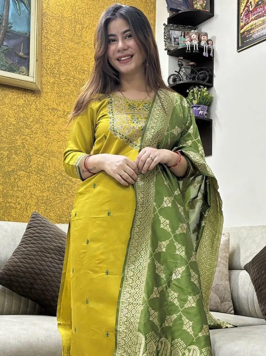 Women's Mustard Silk Blend Kurta Set with Dupatta
