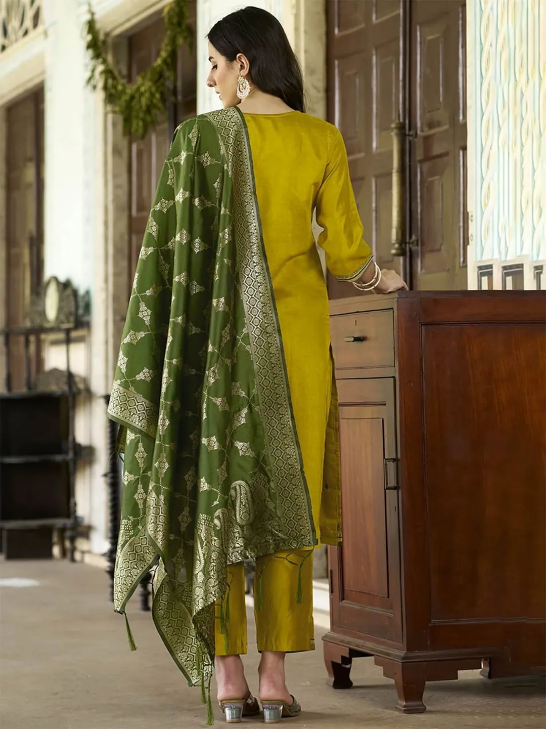 Women's Mustard Silk Blend Kurta Set with Dupatta