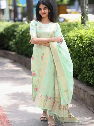 Elegant Pista Festive Wear Kurta Pant Set