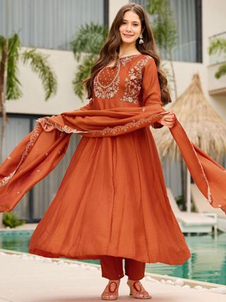 Designer Rust Anarkali Palazzo Dupatta Set