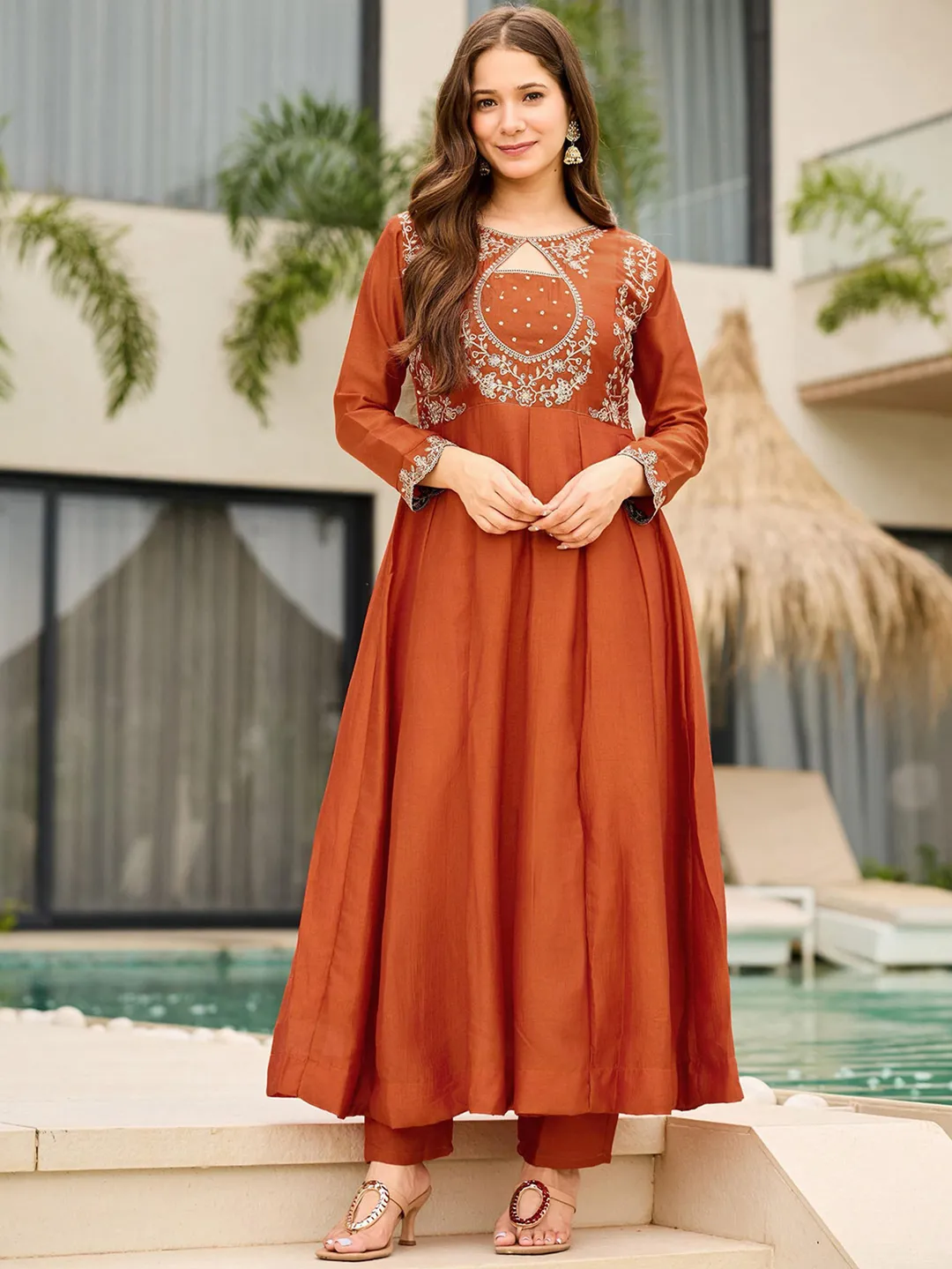 Designer Rust Anarkali Palazzo Dupatta Set