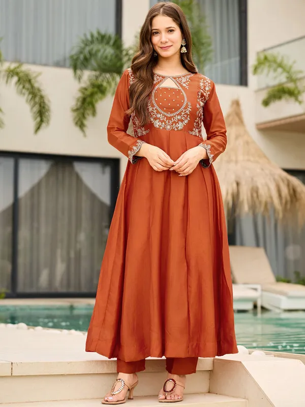 Designer Rust Anarkali Palazzo Dupatta Set