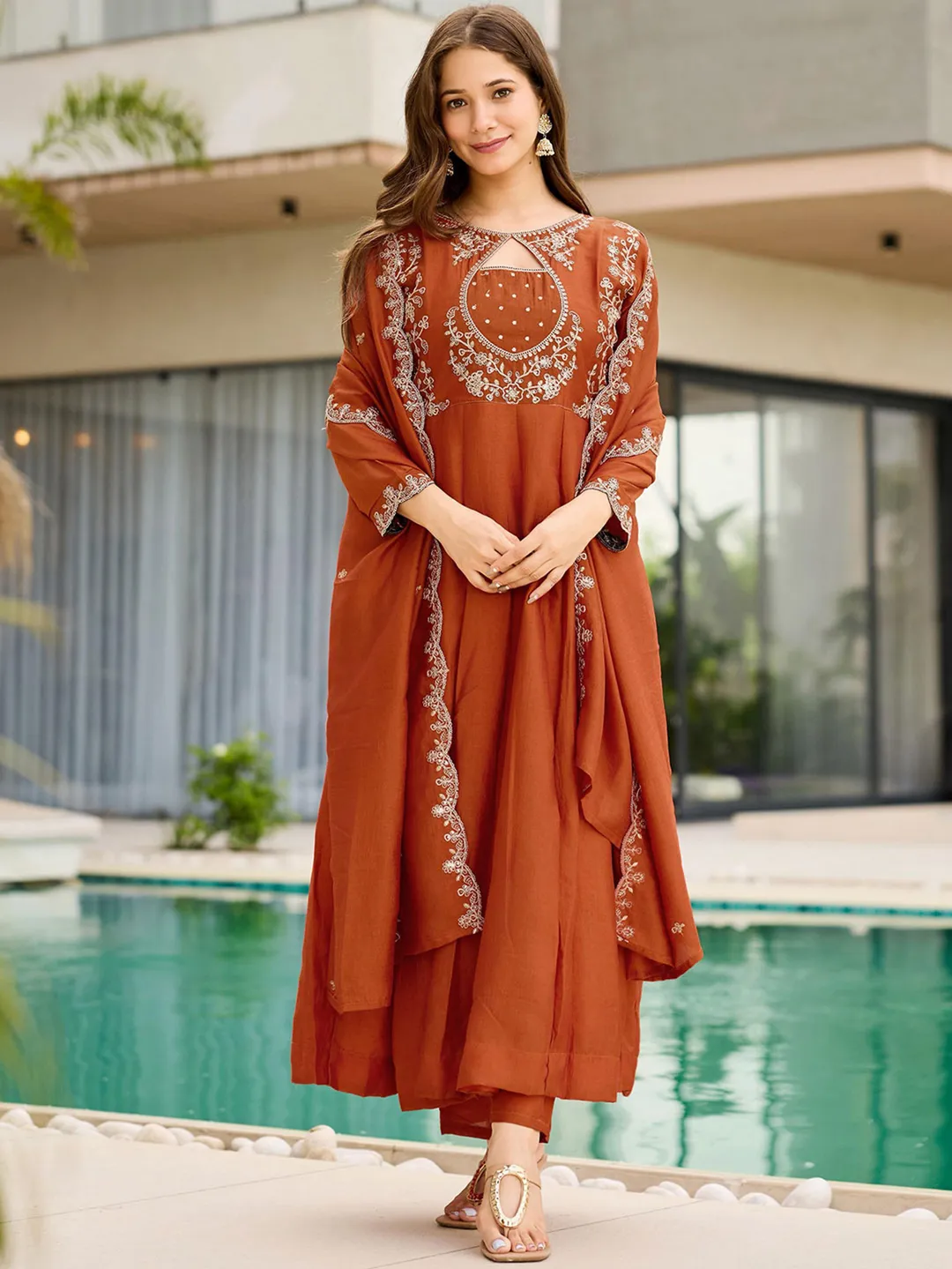 Designer Rust Anarkali Palazzo Dupatta Set