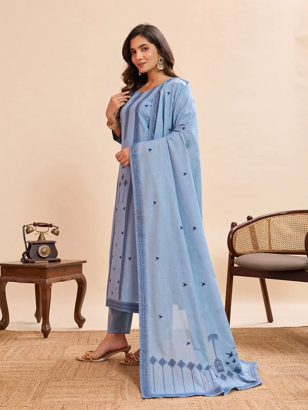 Sky Blue Cotton Straight Kurta Set with Dupatta