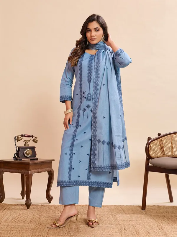 Sky Blue Cotton Straight Kurta Set with Dupatta