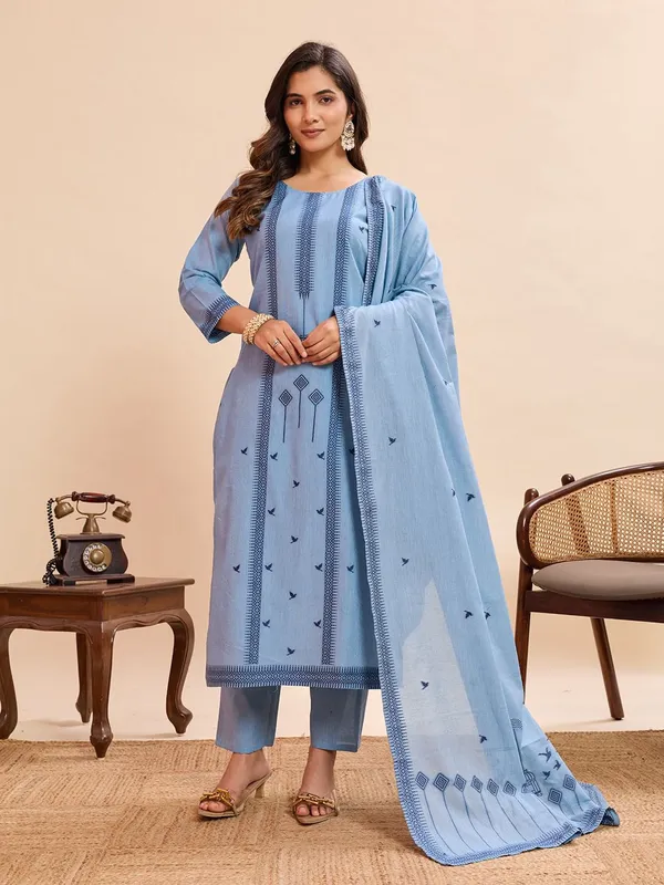 Sky Blue Cotton Straight Kurta Set with Dupatta