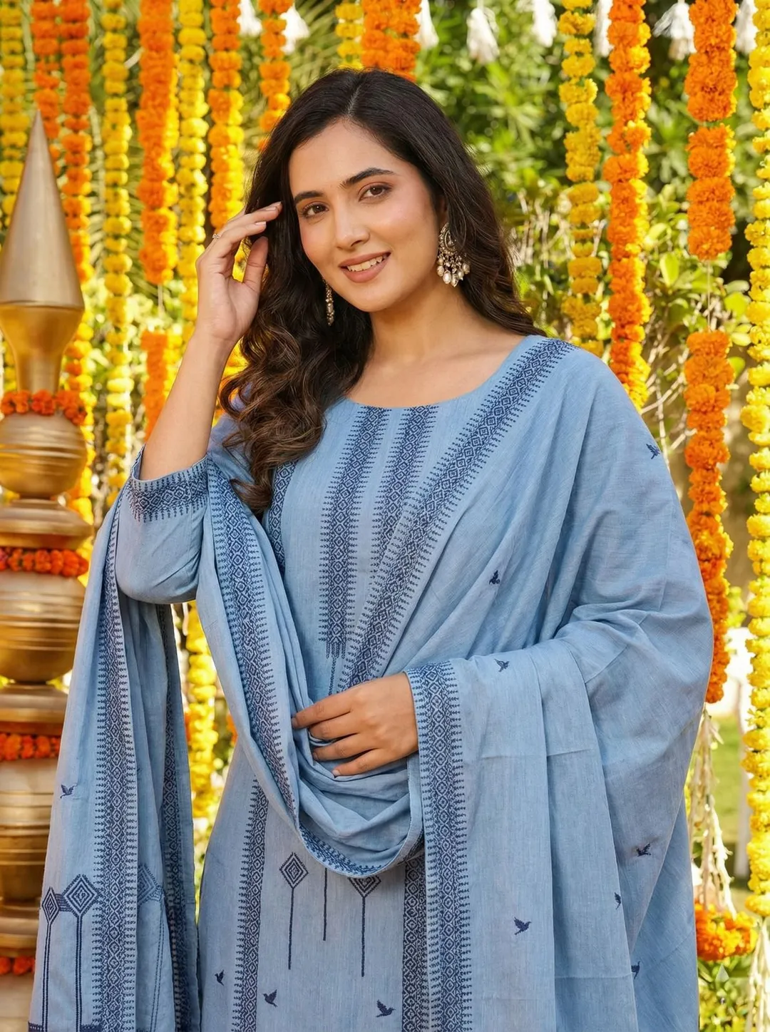 Sky Blue Cotton Straight Kurta Set with Dupatta