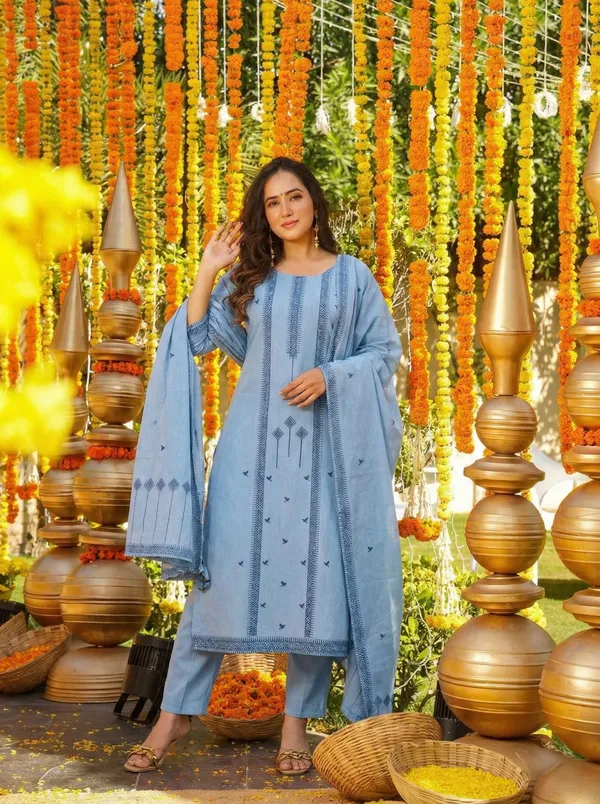 Sky Blue Cotton Straight Kurta Set with Dupatta