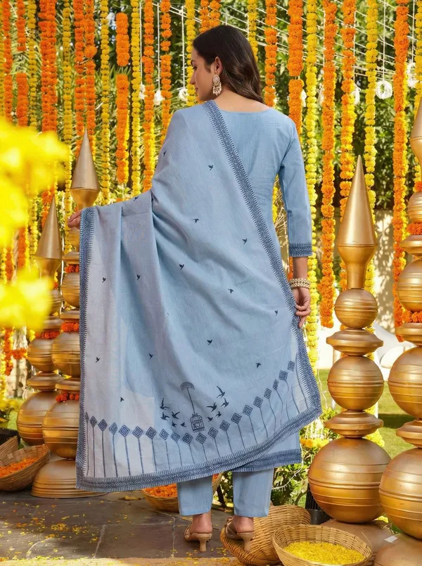 Sky Blue Cotton Straight Kurta Set with Dupatta