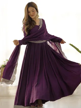 Wine Party Wear Anarkali Gown with Lace Dupatta
