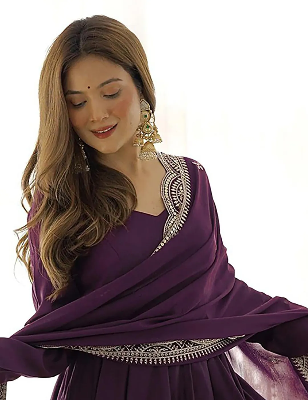 Wine Party Wear Anarkali Gown with Lace Dupatta