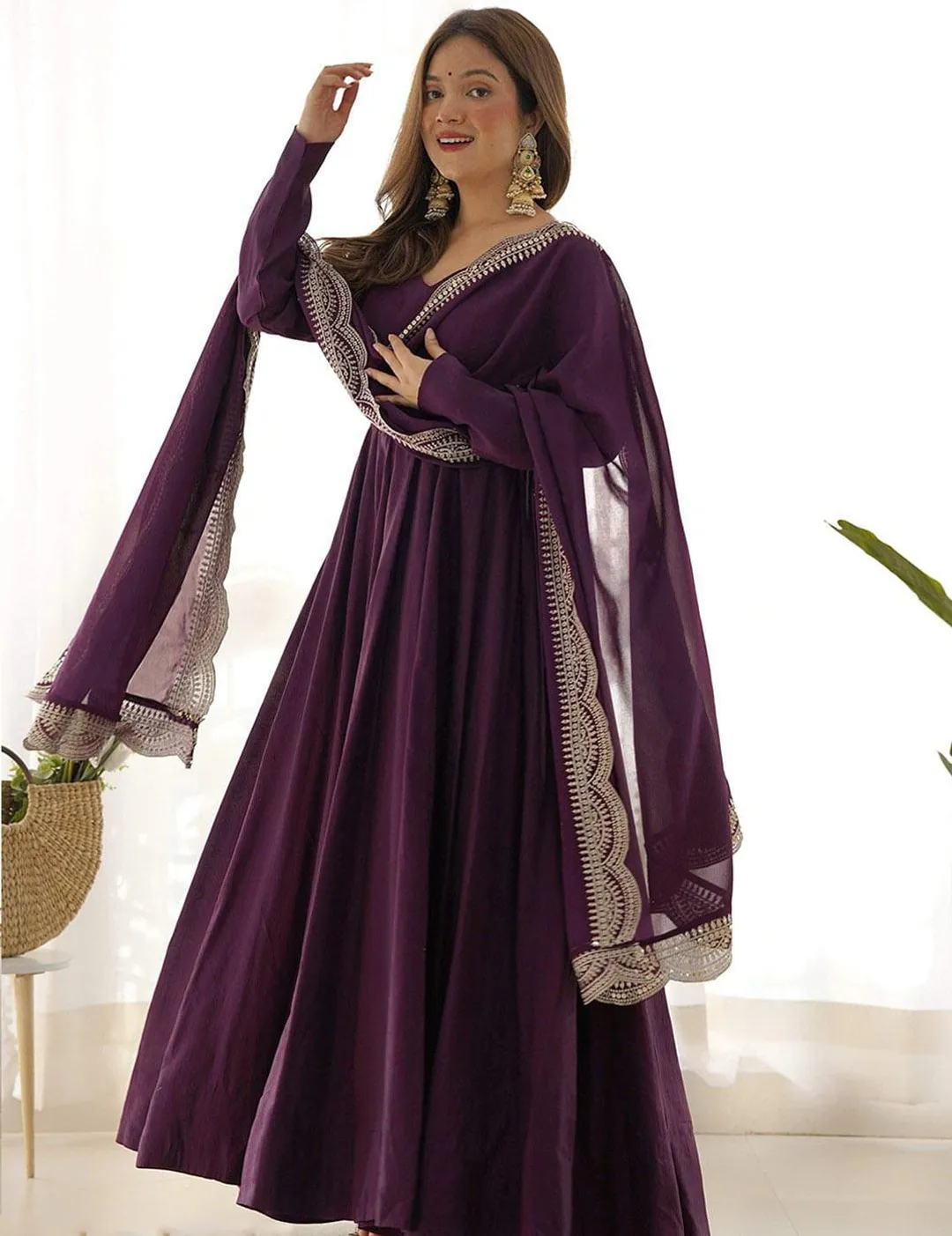 Wine Party Wear Anarkali Gown with Lace Dupatta