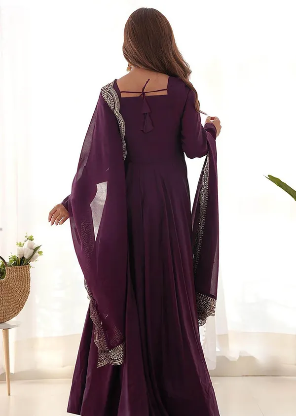 Wine Party Wear Anarkali Gown with Lace Dupatta
