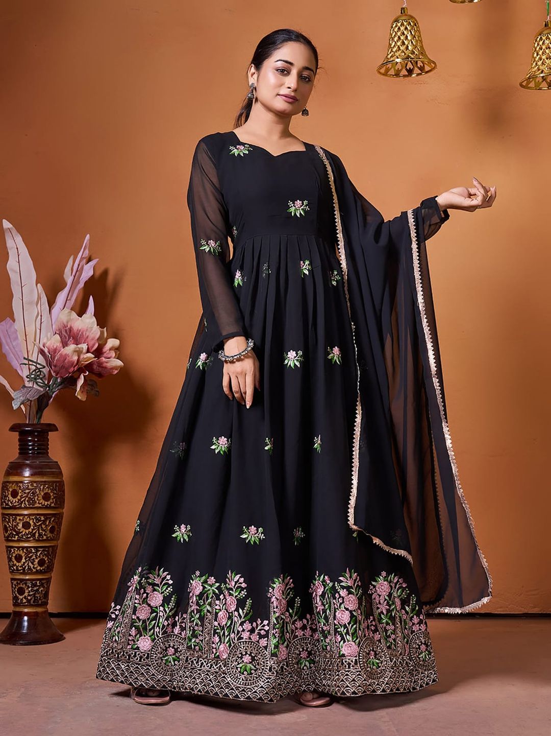 Elegant Black Ethnic Gown with Floral Embroidery