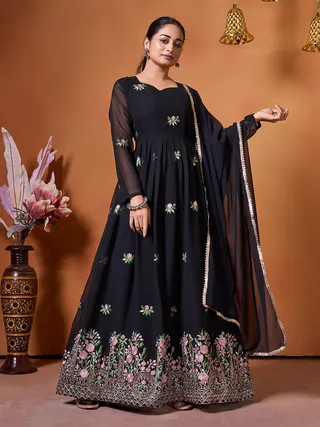 Elegant Black Ethnic Gown with Floral Embroidery